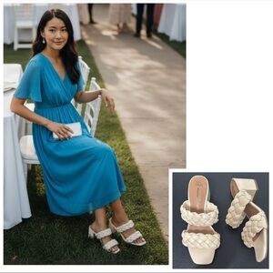 Time and Tru Cream Braided Sandals Bone color block heel memory foam size 7